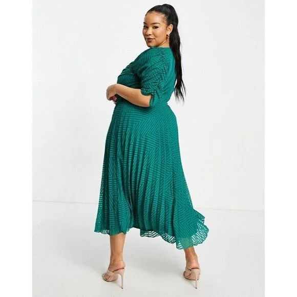 ASOS Ruched Waist Pleated Midi Dress Green Striped Sz 14 - Picture 8 of 14